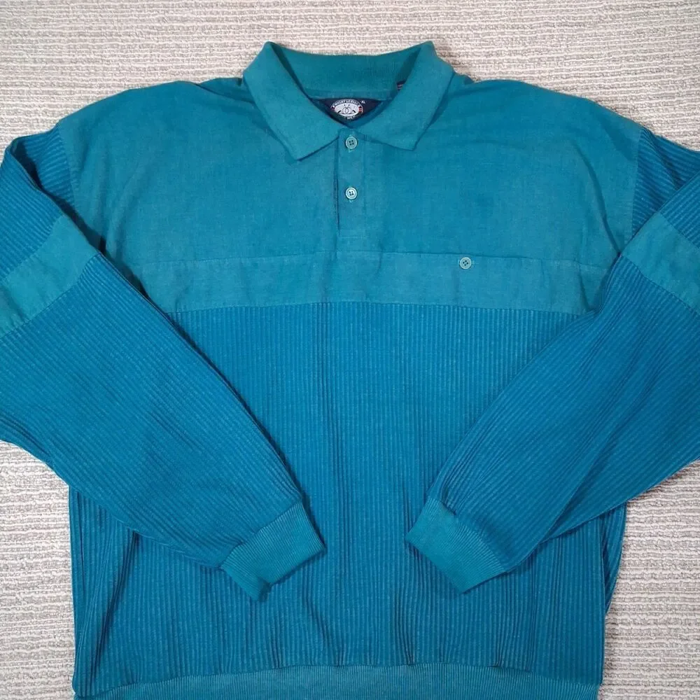 Vintage Knightsbridge Men XL Teal Ribbed Long Sleeve Polo Shirt Sweater 80s 90s
